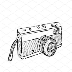 Easy Camera Doodle, Film Camera Drawing, Vintage Cameras Drawing, Camera Drawing Sketches, Camera Drawing Simple, Sketch Things, Vintage Video Camera, Objects Painting, Camera Sketch