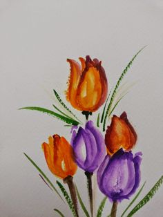 a painting of three orange and purple flowers on a white paper with watercolor pencils