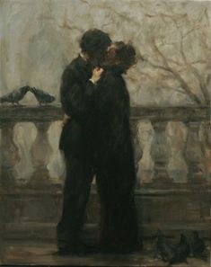 a painting of two people standing next to each other on a balcony with pigeons flying around