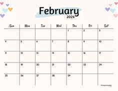 a calendar with hearts hanging from it and the word february written in black on top