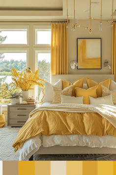 Explore paint shades from soft pastels to bold hues that transform your bedroom into a vibrant and inviting haven Yellow Master Bedrooms Decor, Yellow And White Bedroom Ideas, Bedroom With Yellow Accents, Yellow And White Bedroom, Aphrodite Vibes, Yellow Bedrooms, Coastal Living Room Decor, Yellow Gray Bedroom