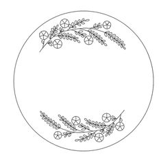 a round frame with flowers and leaves on the edges, drawn in black ink against a white background