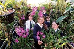 some people are posing for a picture in the middle of orchids and other plants