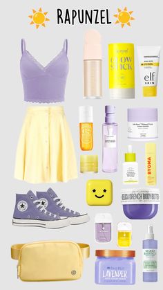 the contents of a woman's outfit including shoes, cosmetics and other items are shown