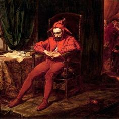 a painting of a man sitting in a chair with his hands on his knees and looking down