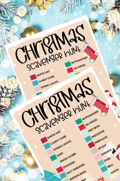 two christmas scavenger printables sitting on top of a blue tablecloth