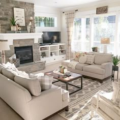 a living room filled with furniture and a fire place in front of a tv mounted on a wall