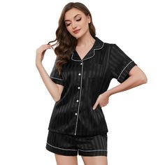 PRICES MAY VARY. ❤️【High Quality Fabric】Our women striped pajama shorts set are made of high quality satin fabric, which is skin-friendly, breathable, lightweight, brightly colored and smooth to the touch. Experience the ultimate in comfort and style. ❤️【Classic Design】: Our women short sleeve silk pajamas feature classic lapel design, front buttons, V-neck, loose but not tight, side pockets for easy access to essentials such as mobile phones and headphones, elastic waistband with adjustable dra Striped Pajama Shorts For Summer Pajama Party, Black Summer Pajama Shorts, Pink Striped Silk Pajamas, Silk Pajamas Shorts, Striped Pajama Shorts With Built-in Shorts, Striped Cotton Pajama Shorts With Built-in Shorts, Bridal Pajamas, Silk Pajamas Women, Satin Pj Set