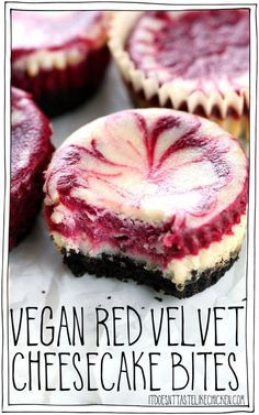 vegan red velvet cheesecake bites on a white plate with the words vegan red velvet cheesecake bites