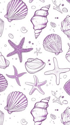 purple sea shells and starfish on a white background seamless wallpaper pattern photo