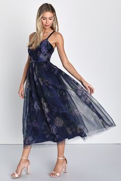 Elaborate Elegance Navy Floral Print Tulle Pleated Midi Dress Summer Formal Tulle Midi Dress, Sheer Midi Length Dress With Fitted Bodice, Bridesmaid Midi Dress With Tulle Skirt, Sheer Fitted Bodice Midi Dress, Sheer Maxi Length Dress For Garden Party, Fitted Elegant Tulle Tea Length Dress, Fitted Tulle Dress For Garden Party, Sheer Maxi Dress For Garden Party, Fitted Bodice Midi Dress With Tulle Skirt