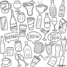 a bunch of different types of alcohol on a white background with the words drinks and beverages