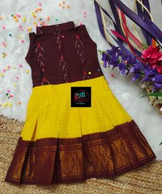 Sungudi Ikkat Frock – www.vannamayil.com Sambalpuri Frock Design, Narayanpet Dresses For Kids, Narayanpet Long Frocks For Kids, Ikkat Frocks For Kids, Mirror Blouse Design, Kids Kalamkari Lehangas, Cotton Frocks, Baby Girl Dress Design, Kids Frocks