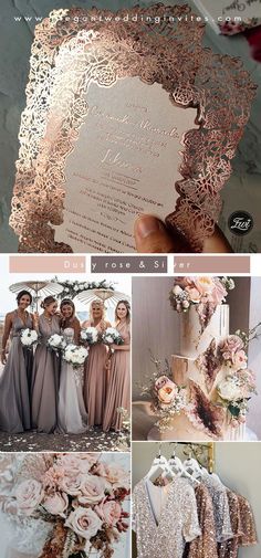 a collage of photos showing different wedding gowns and bouquets, with the bride's name on it