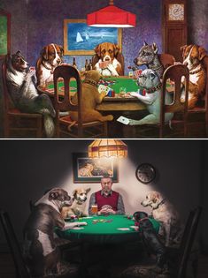 two pictures side by side with dogs playing cards at a table and the other shows a man sitting at a poker table