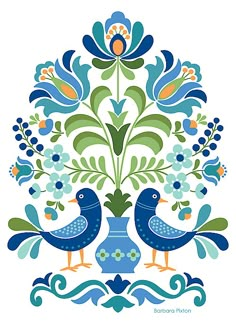 two birds sitting on top of a vase with flowers in the middle and leaves around it