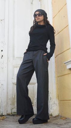 Wide leg grey pants - METP0019 Here are my newest pairs of pants - they are classic wide-leg pants, suitable for all of you working women! They are very stylish and fashionable, easy to wear, and extremely comfortable. The pants have two front pockets for a more formal look. Those trousers look great with both casual tunics and more official shirts. Heels or flats - you won't make a mistake! FABRIC: The pants are made of lightweight wool/ polyester. It's called cool wool. It can be worn across s Wide Leg Grey Pants, Sew Shirt, Men Inspiration, Casual Work Pants, Dresses Diy, Maxi Pants, Fashion Skirts, Everyday Pants, Working Women