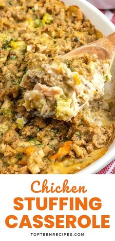 chicken stuffing casserole in a white dish with a wooden spoon