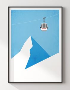 a poster with a ski lift going up the side of a snow covered mountain in front of a blue sky