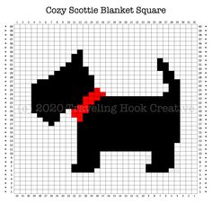 a black dog with a red bow on it's neck is shown in the shape of a cross stitch pattern