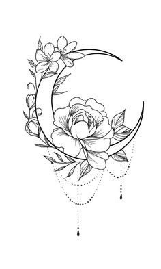 the moon with flowers on it is drawn in black and white