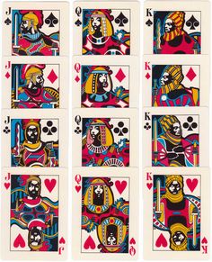 six playing cards with different designs on them