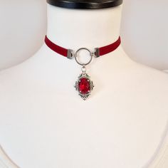 Gothic Pendant, Edgy Jewelry, Victorian Pendants, Velvet Choker, Silver Choker, Red Necklace, Crystal Choker, Silver Accessories, Red Crystals