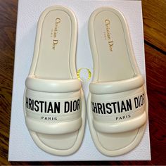 Absolutely New! With Box And Dust Bags Made In Italy Every-D Leather Slide In White And Black Leather With Logo Print Lightly Padded Leather Insole Smooth Man-Made Sole Christian Dior Shoes, Dior Boutique, Dior Shoes, Slide In, Casual Summer Outfit, Leather Slides, Everyday Dresses, Shopping Trip, Lambskin Leather