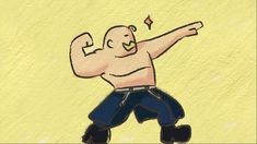 a drawing of a man with no shirt on pointing to something in the air while wearing blue pants