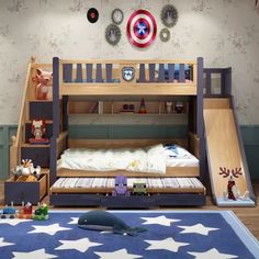 a child's bedroom with bunk beds and toys on the floor in front of an american flag rug