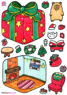 a drawing of a christmas present with decorations and presents around the house, including a fireplace