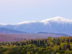 the mountains are covered in snow and trees with fall foliage on them, as seen from an overlook point