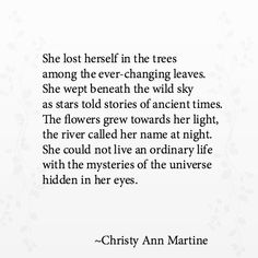 a poem written in black and white with the words, she lost herself in the trees among