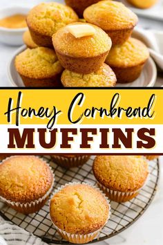 honey cornbread muffins on a cooling rack with the words, honey cornbread muffins