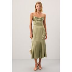 Sage Green. (88% Naia Renew Acetate, 12% Polyester) Cocktail Dress. Shoulder to Hemline: 45" See Fit Notes for More Information. Imported. Pleated Satin Dress, Side Chest, Skirt Maxi, Satin Midi Dress, Draped Fabric, Green Satin, Hook Eye, Artichoke, Satin Dresses