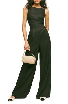 Reformation Ciara Linen Wide Leg Jumpsuit | Nordstrom Dinner Suits Women, Panel Discussion Outfit, Black Pants Wedding Outfit Guest, Semi Formal Outfits For Women Parties, Abi Ball, Jumpsuit Formal, Vietnam Clothes, Jumpsuit Sewing, Uzun Boy