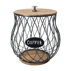 a metal wire coffee table with a wooden top and sign on the bottom that says coffee