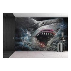 a shark with its mouth open in the ocean wallpaper mural print on a room