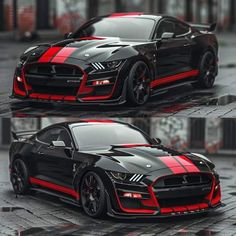 two different views of a black and red mustang