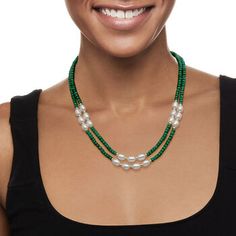 Ross-Simons - 110.00ct t. w. Emerald Bead, 7-8mm Cultured Pearl Two-Strand Necklace, 14kt Yellow Gold. 20". Rich, faceted rondelles join with 7-8mm cultured freshwater pearls in this beaded double strand. The necklace stations oval pearls with 110.00 ct. t. w. emerald beads and finishes with 14kt yellow gold spacers and a filigree fishhook clasp. White pearl and emerald bead necklace. Emerald birthstones are the perfect gift for May birthdays. Emerald Eternity Band, Emerald Earrings Drop, Emerald Necklace Pendant, Necklace Emerald, Emerald Birthstone, Emerald Bead, Yellow Gold Jewelry, Emerald Pendant, Natural Gold