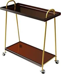 a brown and gold serving cart with wheels on the bottom is shown in front of a white background