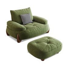 a green chair and ottoman sitting next to each other on a white surface with a black and white pillow