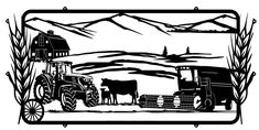 a black and white drawing of farm animals in front of a barn with a tractor