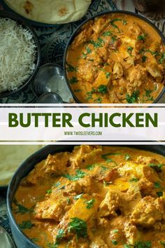 butter chicken curry in a pan with rice and cilantro