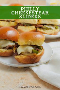 three cheesesteak sliders on a plate with the title overlay reads, how to make philly cheese steak sliders