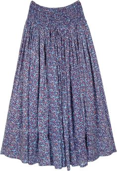 Dense Blue Printed Cotton Voile Skirt with Smocked Waist | Blue | Maxi-Skirt, Floral, Bohemian Casual Blue Skirt With Smocked Back, Spring Maxi Skirt With Smocked Back, Blue Skirt With Smocked Back For Summer, Flowy Blue Maxi Skirt With Gathered Details, Blue Summer Skirt With Smocked Back, Casual Blue Skirt With Smocked Bodice, Peasant Style Flowy Maxi Skirt For Spring, Spring Peasant Style Flowy Maxi Skirt, Gathered Maxi Skirt For Daywear