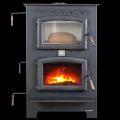 an image of a wood burning stove that is in the middle of it's display