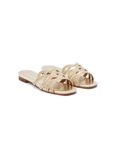 gold-tone calf leather rhinestone embellishment open toe strap detailing slip-on style branded insole flat sole Tone Calves, Dress With Jean Jacket, Embellished Flats, Baby Boy Accessories, Sandals Gold, Gucci Kids, Burberry Kids, Dolce And Gabbana Kids, Kids Jordans