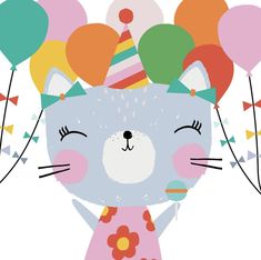 a cartoon cat with party hats and balloons