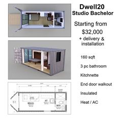 the plans for a tiny house are shown in three different sizes and colors, including one with